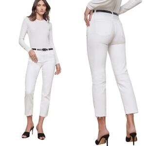 NEW L'Agence Sada High Rise Slim Leg Cropped Raw Edge Jeans White Size: 27